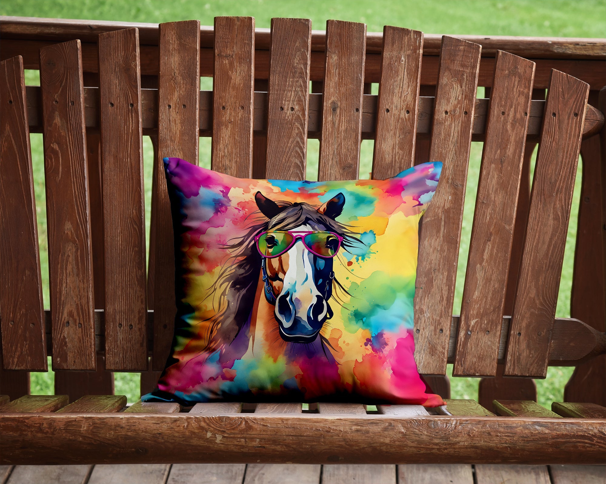 Hippie Animal Horse Decorative Throw Pillow 14x14 Indoor Outdoor Accent Cushion, Fabric Cover with Insert for Sofa, Bed, Porch & Living Room