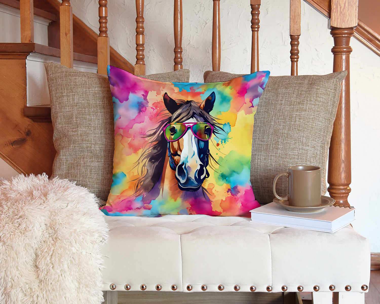 Hippie Animal Horse Decorative Throw Pillow 14x14 Indoor Outdoor Accent Cushion, Fabric Cover with Insert for Sofa, Bed, Porch & Living Room