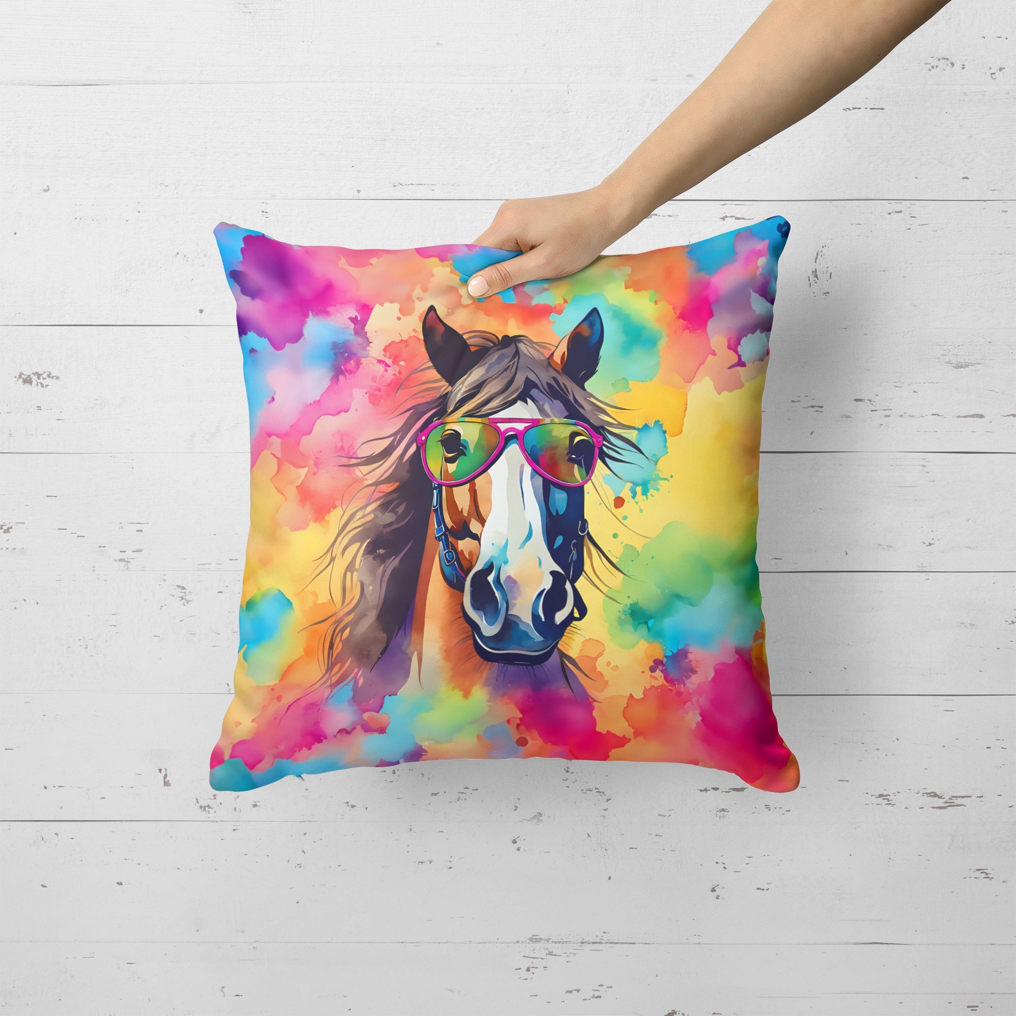 Hippie Animal Horse Decorative Throw Pillow 18x18 Indoor Outdoor Accent Cushion, Fabric Cover with Insert for Sofa, Bed, Porch & Living Room