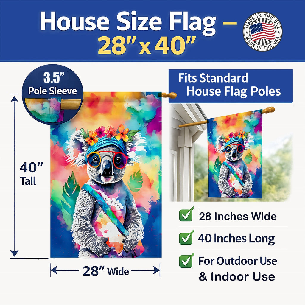 Hippie Animal Koala House Flag 28x40 Porch Sleeve Pole Decorative Outside Yard Banner Artwork Wall Hanging, Polyester