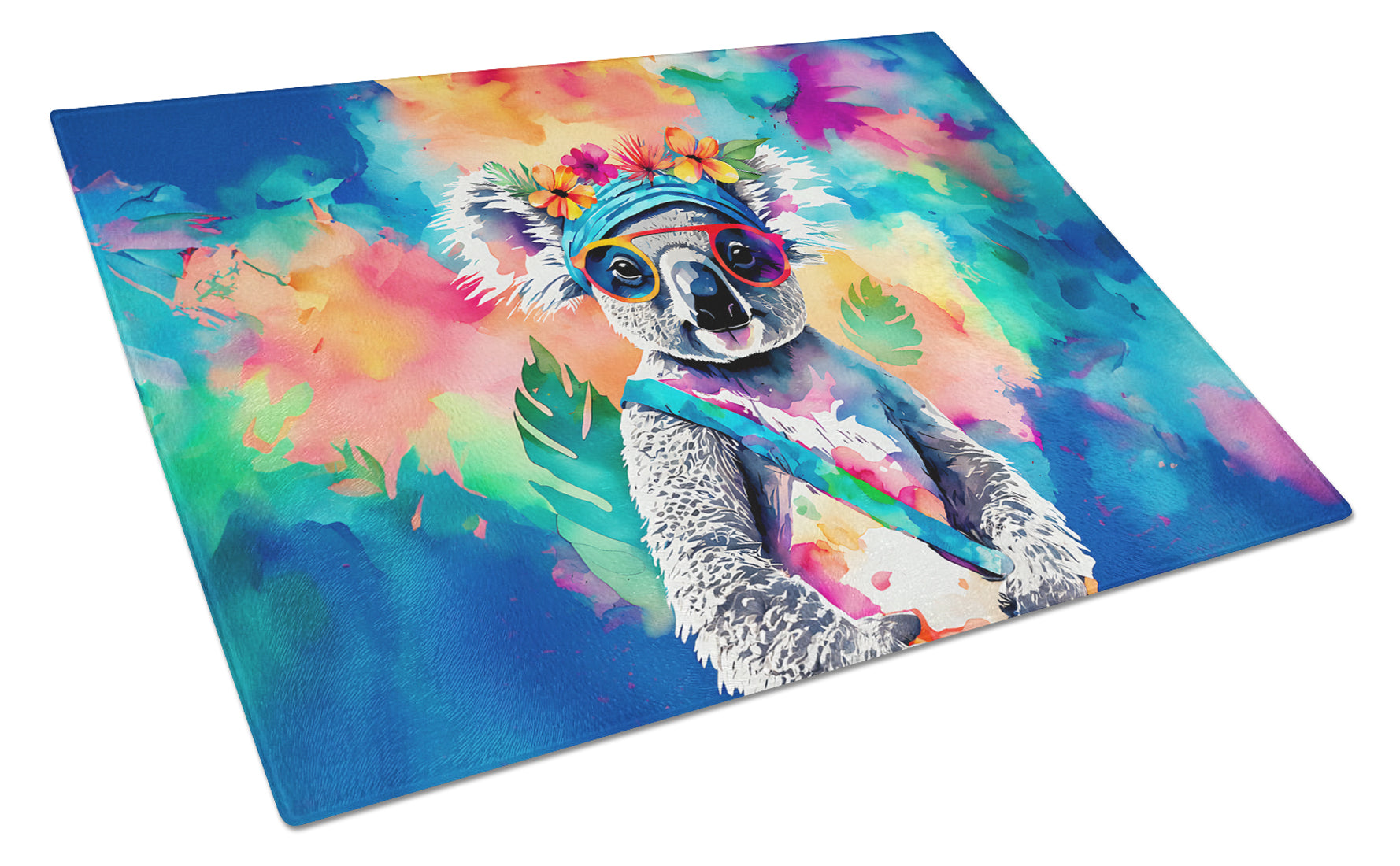 Hippie Animal Koala Cutting Board Tempered Glass Kitchen Cutting Surface, Heat Resistant Chopping, Non-Slip Feet, Food Prep & Serving