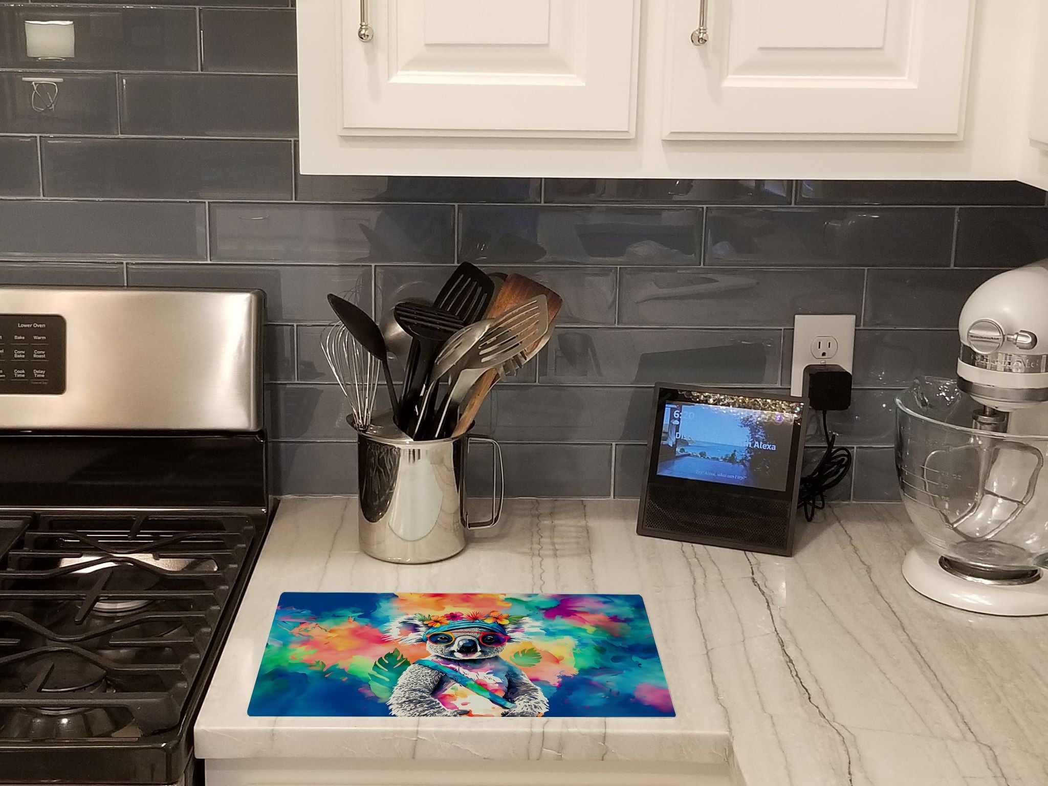 Hippie Animal Koala Cutting Board Tempered Glass Kitchen Cutting Surface, Heat Resistant Chopping, Non-Slip Feet, Food Prep & Serving