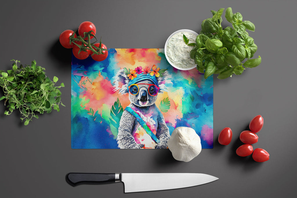 Hippie Animal Koala Cutting Board Tempered Glass Kitchen Cutting Surface, Heat Resistant Chopping, Non-Slip Feet, Food Prep & Serving