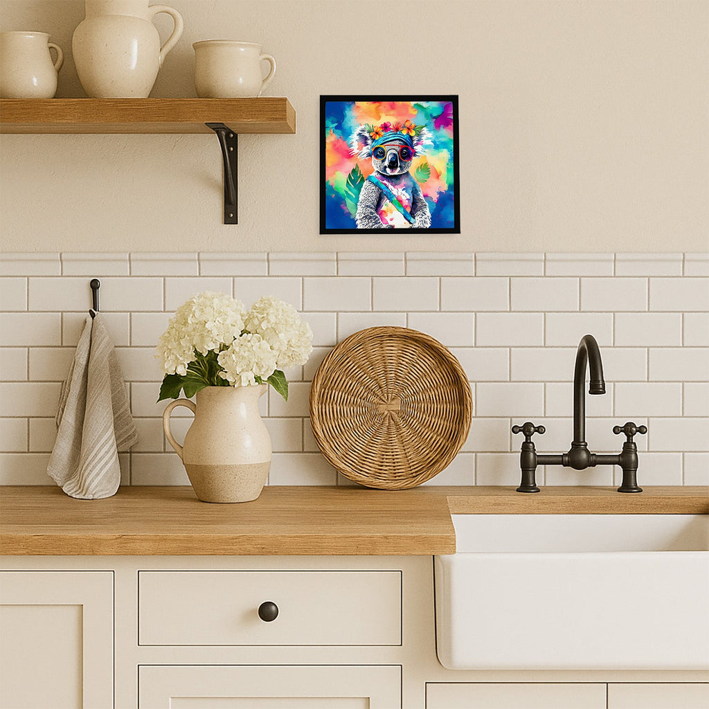 Hippie Animal Koala Framed Metal Print Bathroom, Kitchen, Office, Home Decor Wall Art Ready to Hang, Square, 8X8