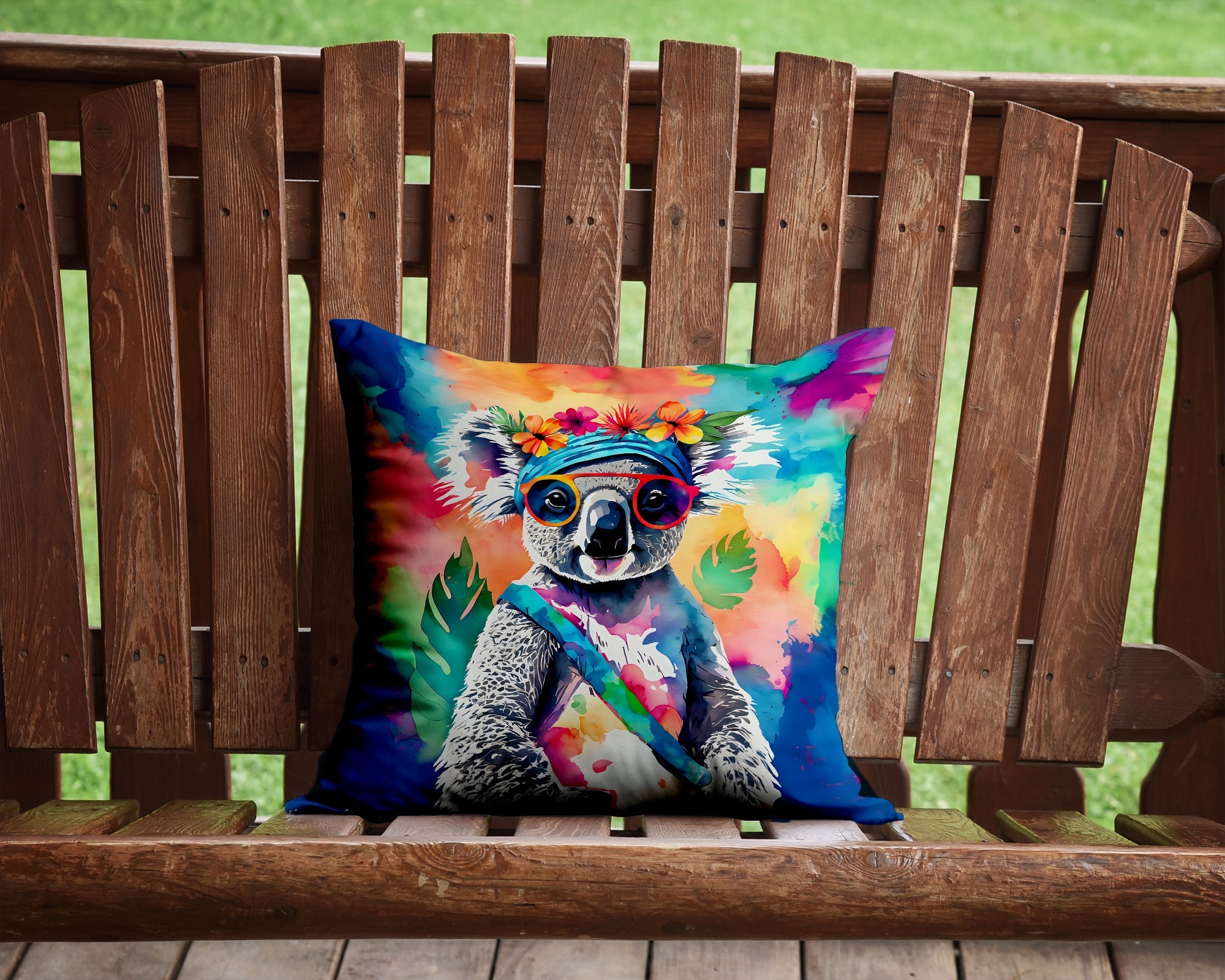 Hippie Animal Koala Decorative Throw Pillow 14x14 Indoor Outdoor Accent Cushion, Fabric Cover with Insert for Sofa, Bed, Porch & Living Room