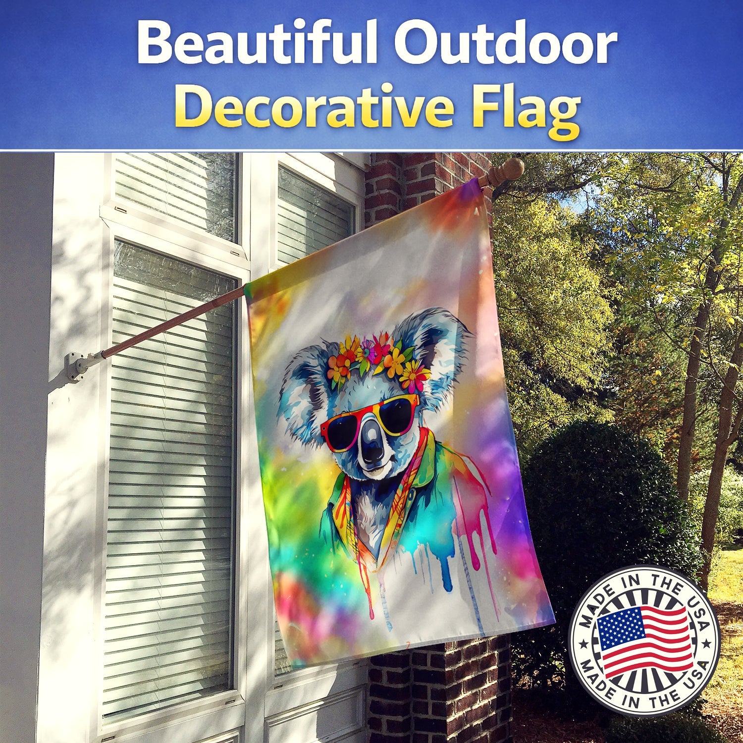 Hippie Animal Koala House Flag 28x40 Porch Sleeve Pole Decorative Outside Yard Banner Artwork Wall Hanging, Polyester