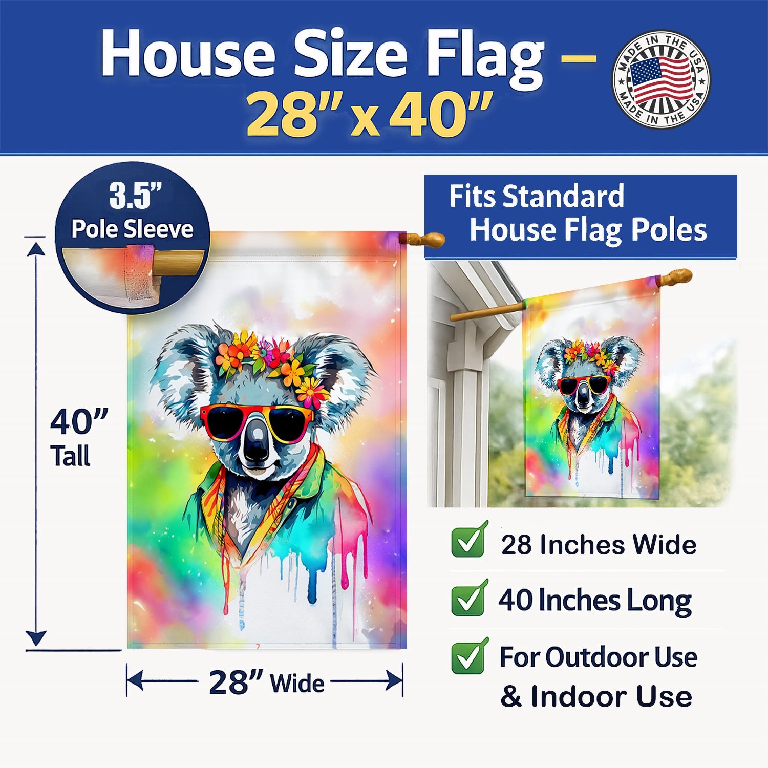 Hippie Animal Koala House Flag 28x40 Porch Sleeve Pole Decorative Outside Yard Banner Artwork Wall Hanging, Polyester