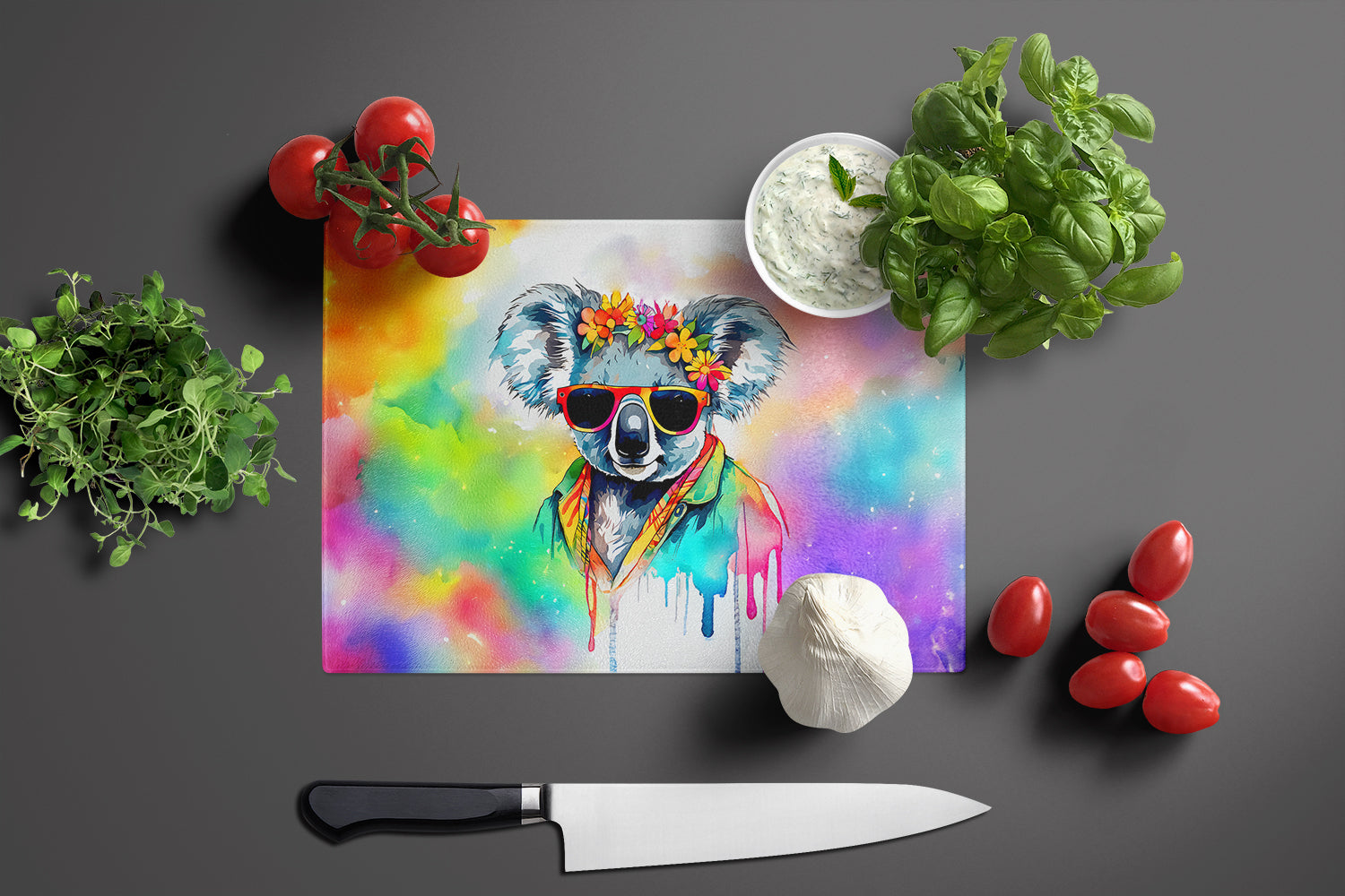 Hippie Animal Koala Cutting Board Tempered Glass Kitchen Cutting Surface, Heat Resistant Chopping, Non-Slip Feet, Food Prep & Serving