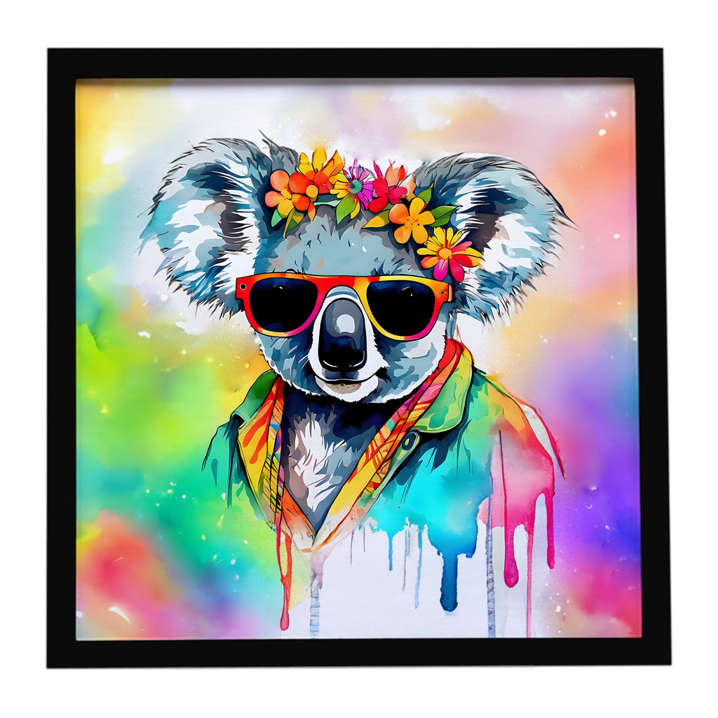 Hippie Animal Koala Framed Metal Print Bathroom, Kitchen, Office, Home Decor Wall Art Ready to Hang, Square, 8X8
