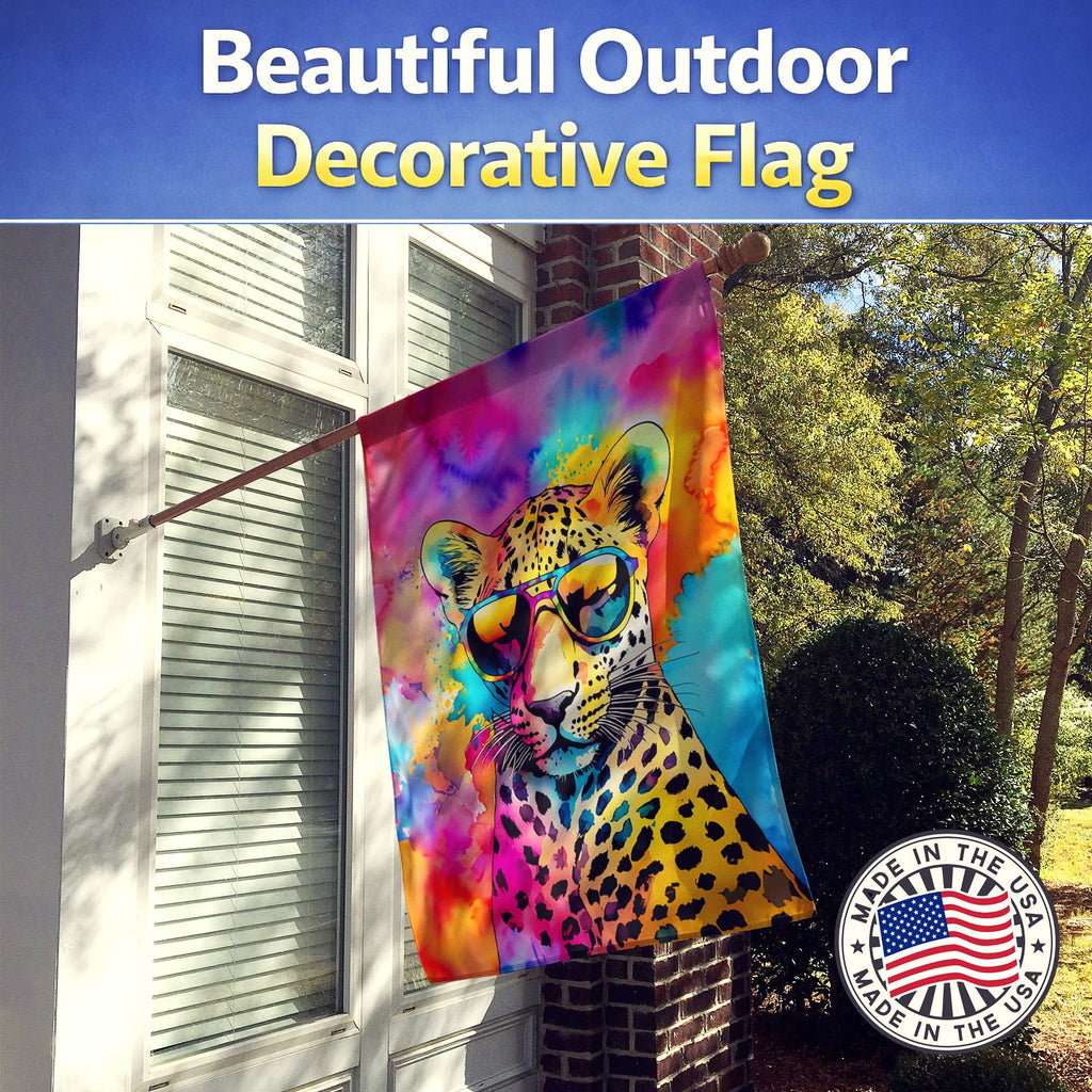 Hippie Animal Leopard House Flag 28x40 Porch Sleeve Pole Decorative Outside Yard Banner Artwork Wall Hanging, Polyester