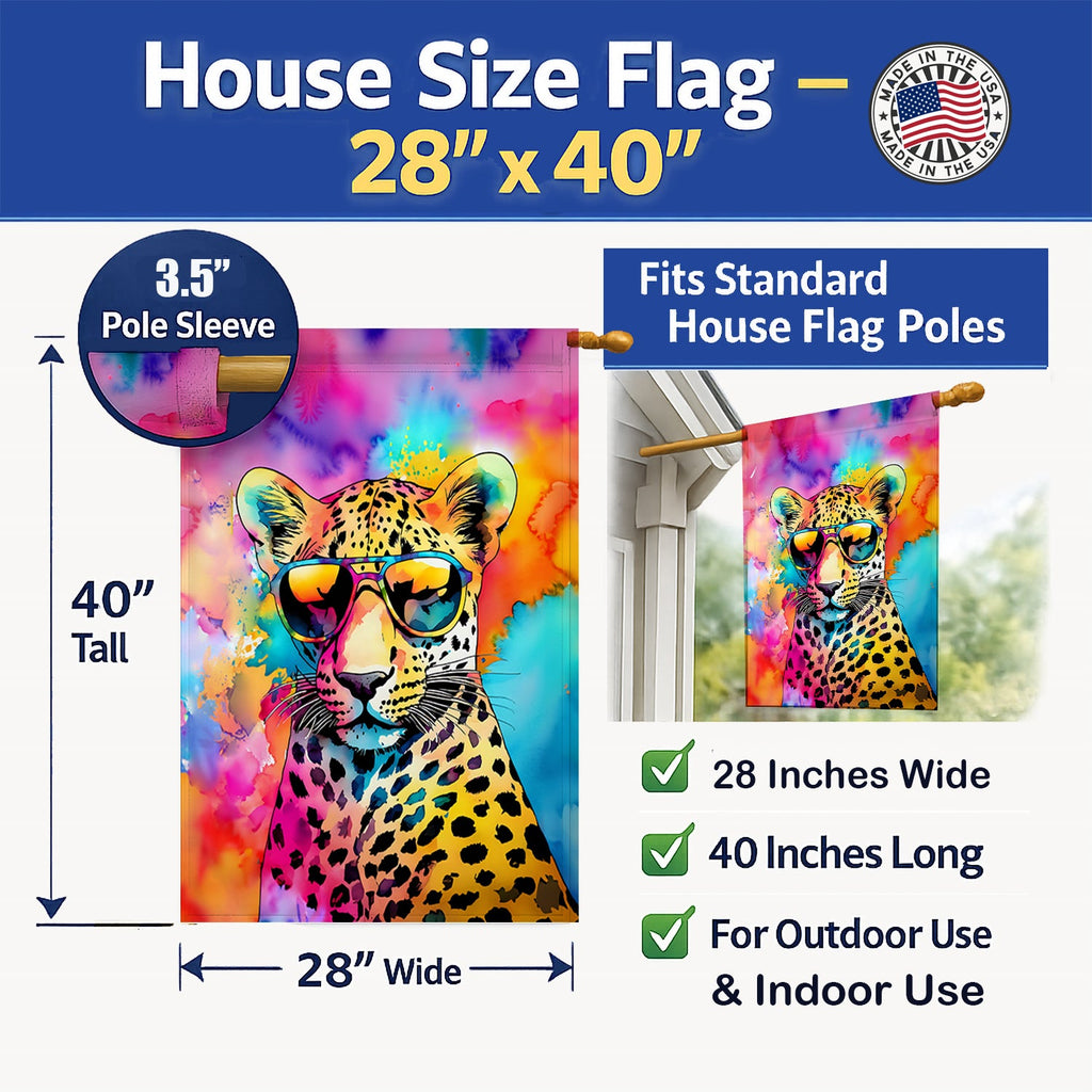 Hippie Animal Leopard House Flag 28x40 Porch Sleeve Pole Decorative Outside Yard Banner Artwork Wall Hanging, Polyester