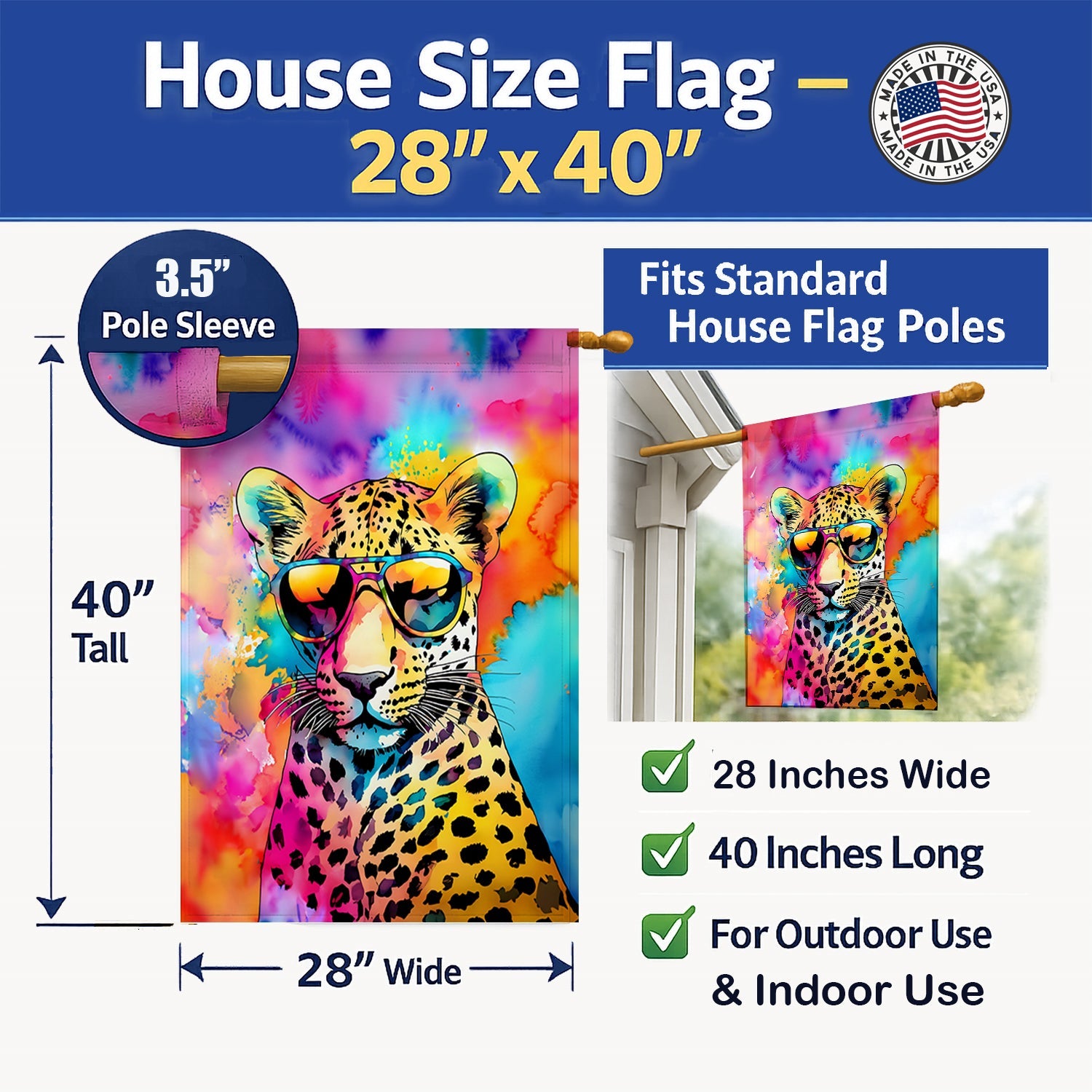 Hippie Animal Leopard House Flag 28x40 Porch Sleeve Pole Decorative Outside Yard Banner Artwork Wall Hanging, Polyester