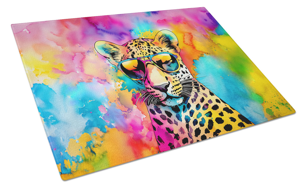 Hippie Animal Leopard Cutting Board Tempered Glass Kitchen Cutting Surface, Heat Resistant Chopping, Non-Slip Feet, Food Prep & Serving