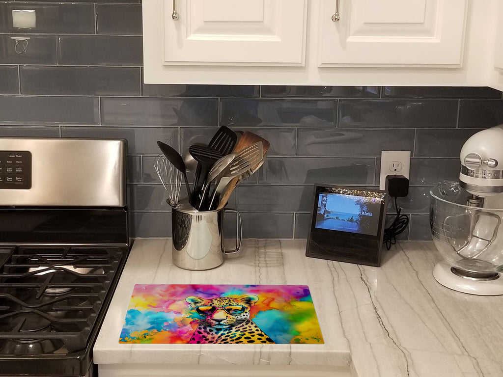 Hippie Animal Leopard Cutting Board Tempered Glass Kitchen Cutting Surface, Heat Resistant Chopping, Non-Slip Feet, Food Prep & Serving