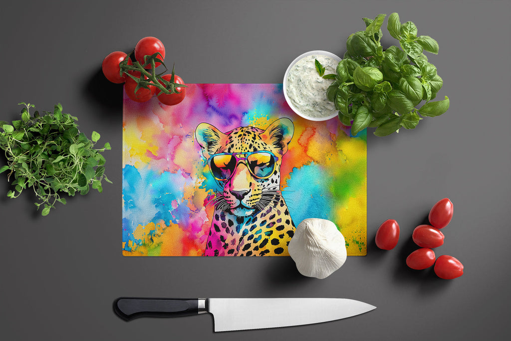 Hippie Animal Leopard Cutting Board Tempered Glass Kitchen Cutting Surface, Heat Resistant Chopping, Non-Slip Feet, Food Prep & Serving