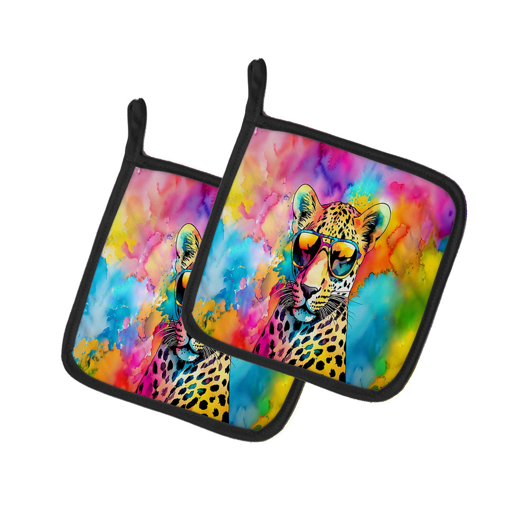 Hippie Animal Leopard Pot Holder Set of 2 Heat Resistant Quilted Hot Pads 7.5 x 7.5 Inch, Insulated Kitchen Trivets for Cooking & Baking