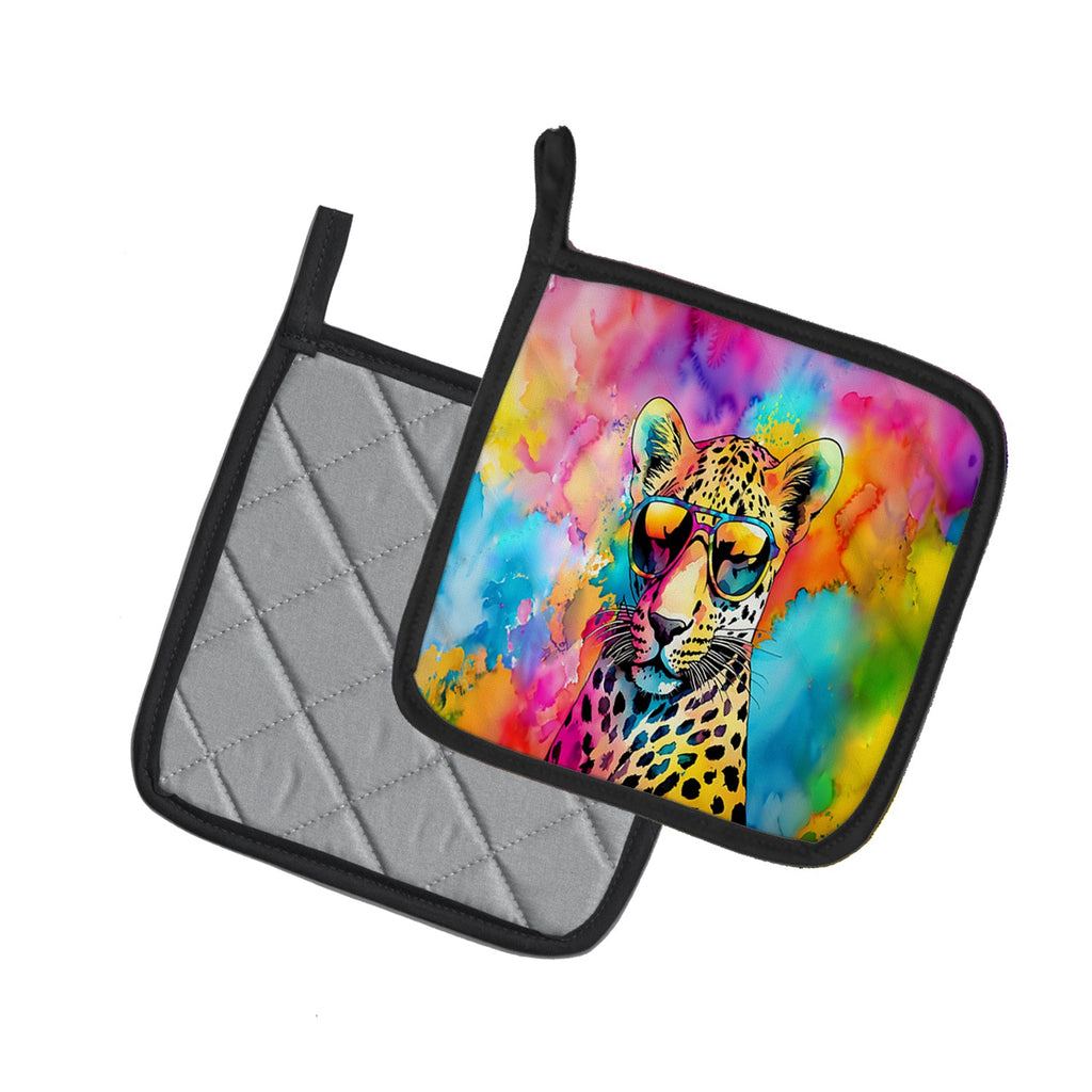 Hippie Animal Leopard Pot Holder Set of 2 Heat Resistant Quilted Hot Pads 7.5 x 7.5 Inch, Insulated Kitchen Trivets for Cooking & Baking