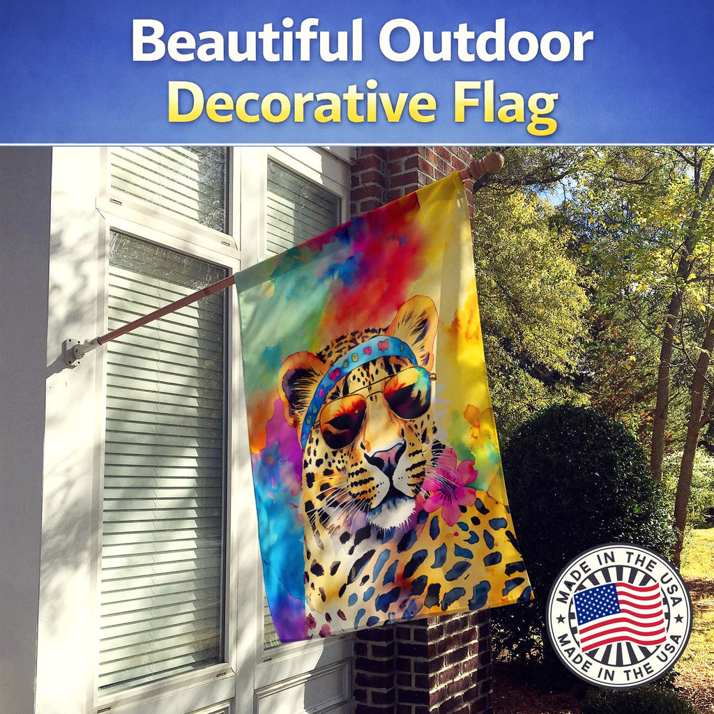 Hippie Animal Leopard House Flag 28x40 Porch Sleeve Pole Decorative Outside Yard Banner Artwork Wall Hanging, Polyester