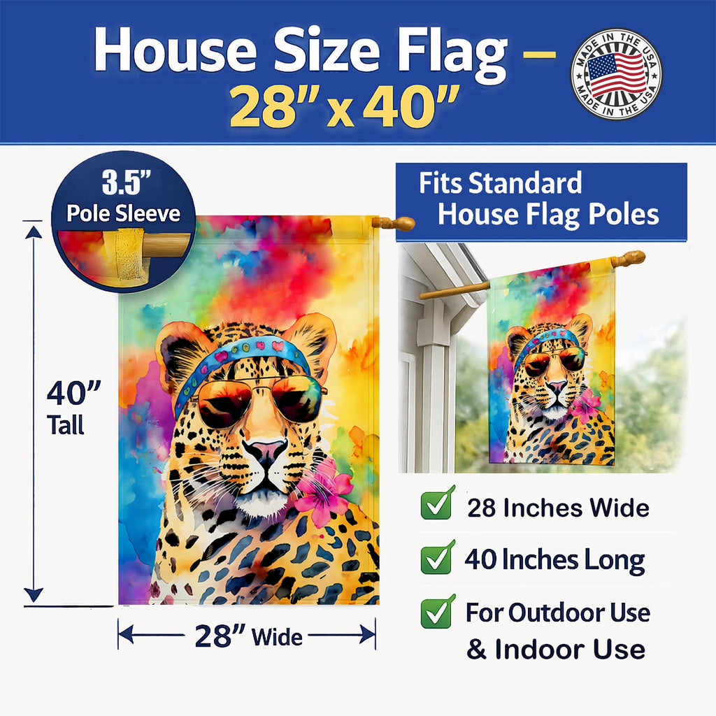 Hippie Animal Leopard House Flag 28x40 Porch Sleeve Pole Decorative Outside Yard Banner Artwork Wall Hanging, Polyester