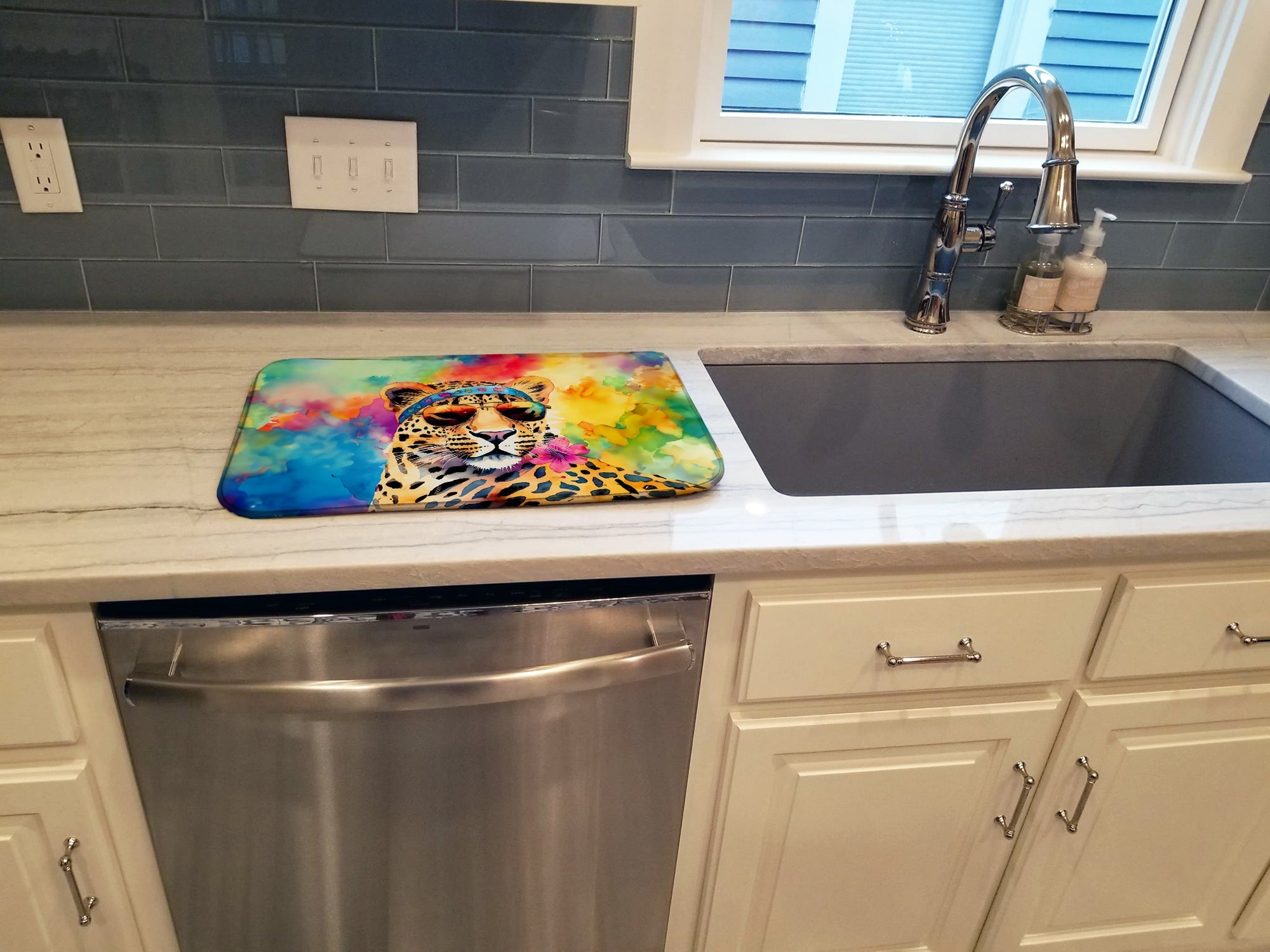 Hippie Animal Leopard Dish Drying Mat Absorbent Dish Drying Mat Pad for Kitchen Counter Dish Drainer Mat for Countertop, 14 x 21", Multicolor