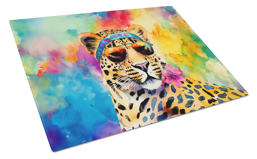 Hippie Animal Leopard Cutting Board Tempered Glass Kitchen Cutting Surface, Heat Resistant Chopping, Non-Slip Feet, Food Prep & Serving