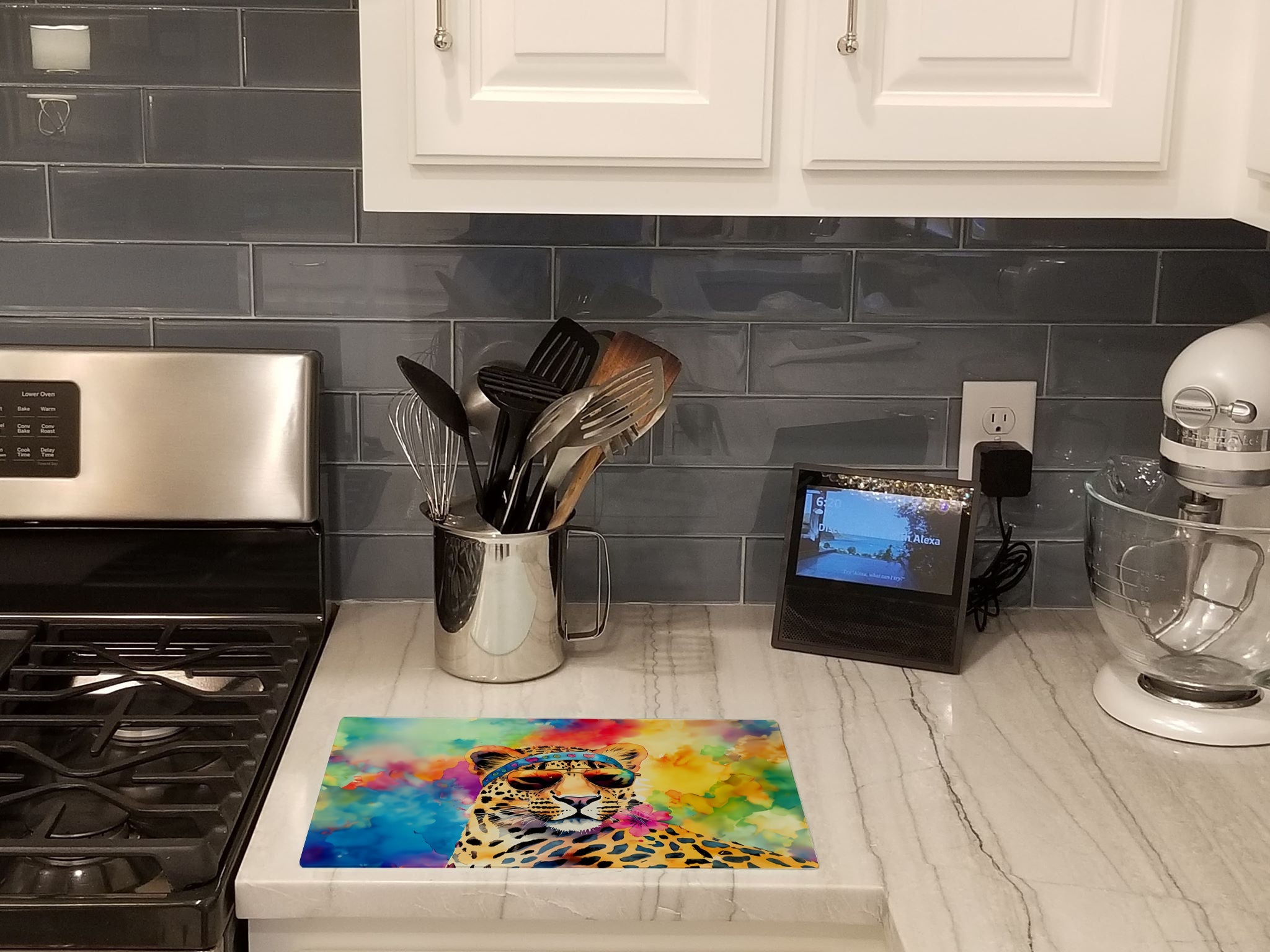 Hippie Animal Leopard Cutting Board Tempered Glass Kitchen Cutting Surface, Heat Resistant Chopping, Non-Slip Feet, Food Prep & Serving