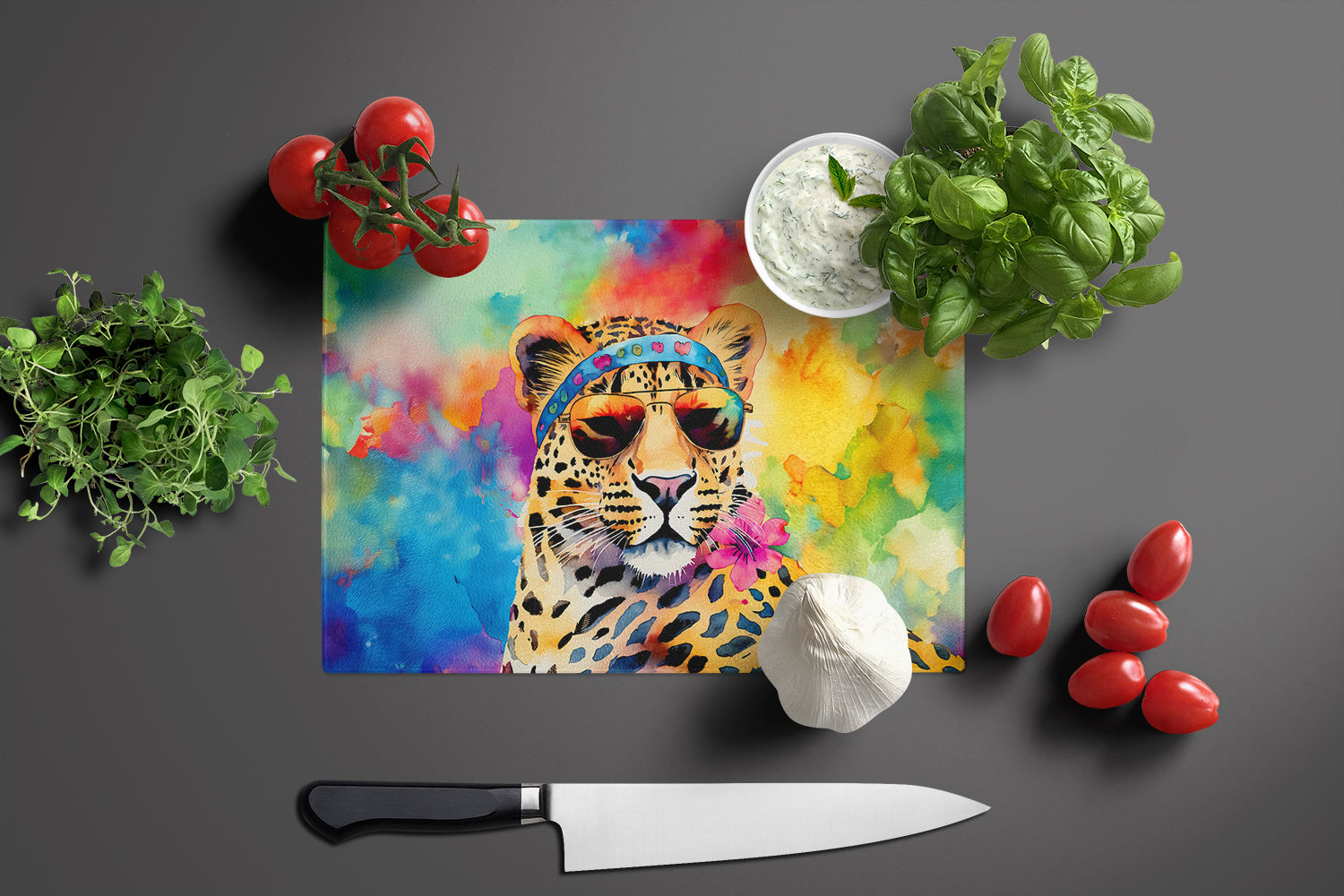 Hippie Animal Leopard Cutting Board Tempered Glass Kitchen Cutting Surface, Heat Resistant Chopping, Non-Slip Feet, Food Prep & Serving