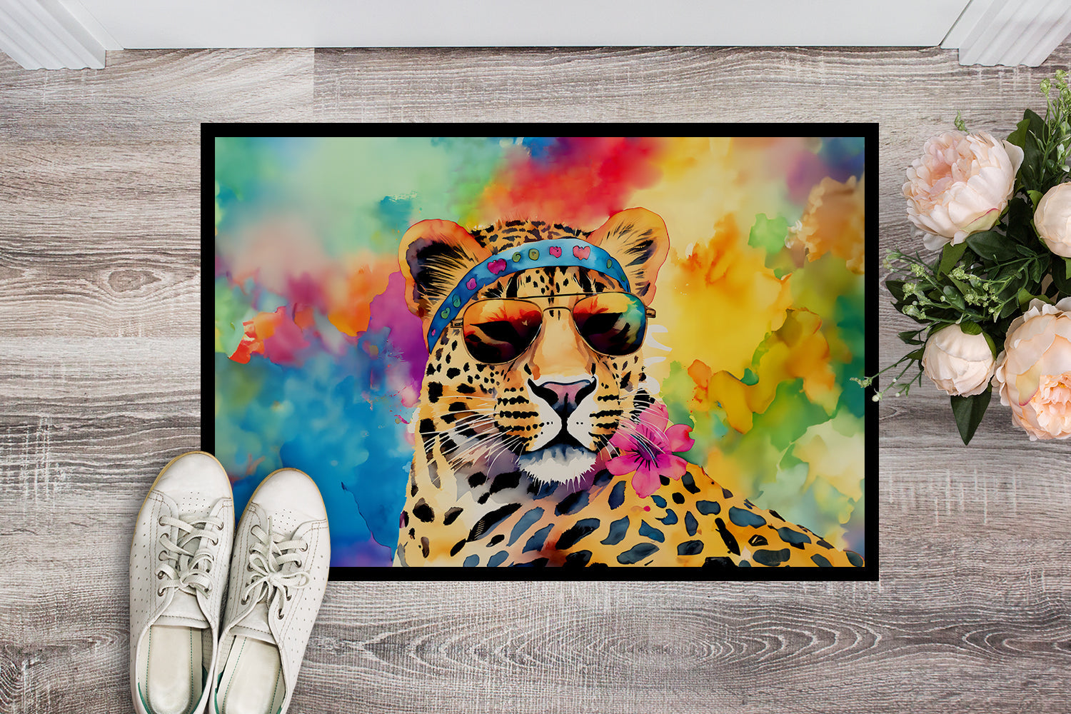 Hippie Animal Leopard Doormat Indoor Outdoor 18H X 27W Front Door Mat Rugs for Entryway, Non Slip Washable