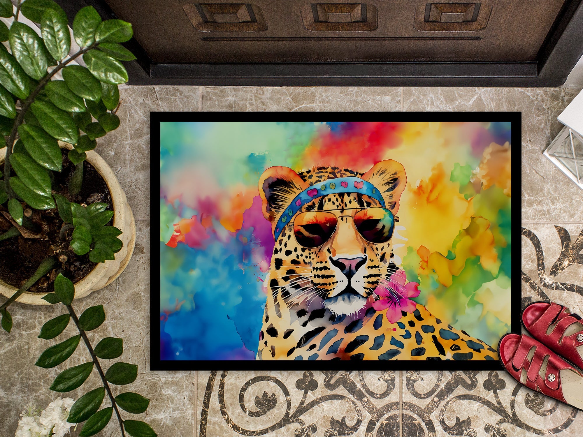 Hippie Animal Leopard Doormat Indoor Outdoor 18H X 27W Front Door Mat Rugs for Entryway, Non Slip Washable