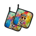 Hippie Animal Leopard Pot Holder Set of 2 Heat Resistant Quilted Hot Pads 7.5 x 7.5 Inch, Insulated Kitchen Trivets for Cooking & Baking