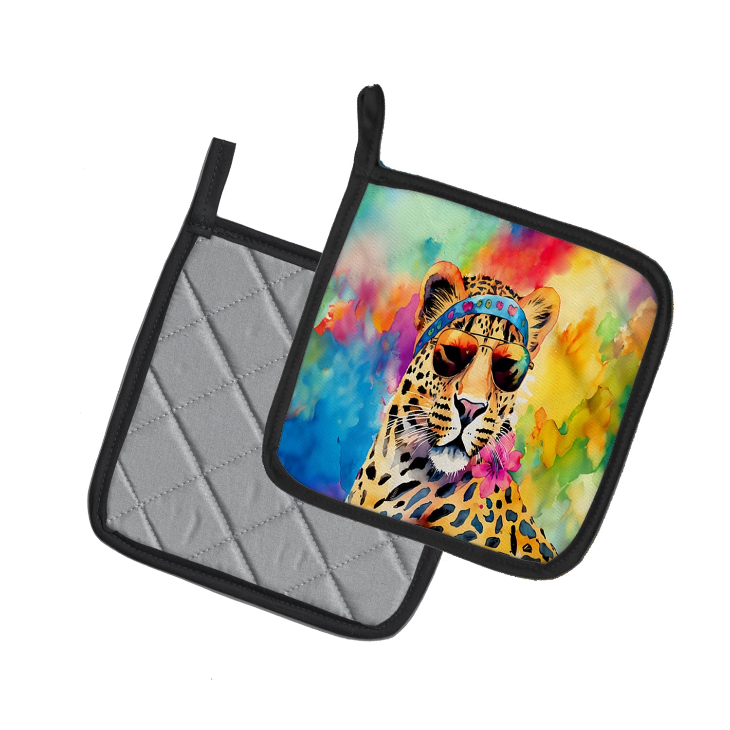 Hippie Animal Leopard Pot Holder Set of 2 Heat Resistant Quilted Hot Pads 7.5 x 7.5 Inch, Insulated Kitchen Trivets for Cooking & Baking