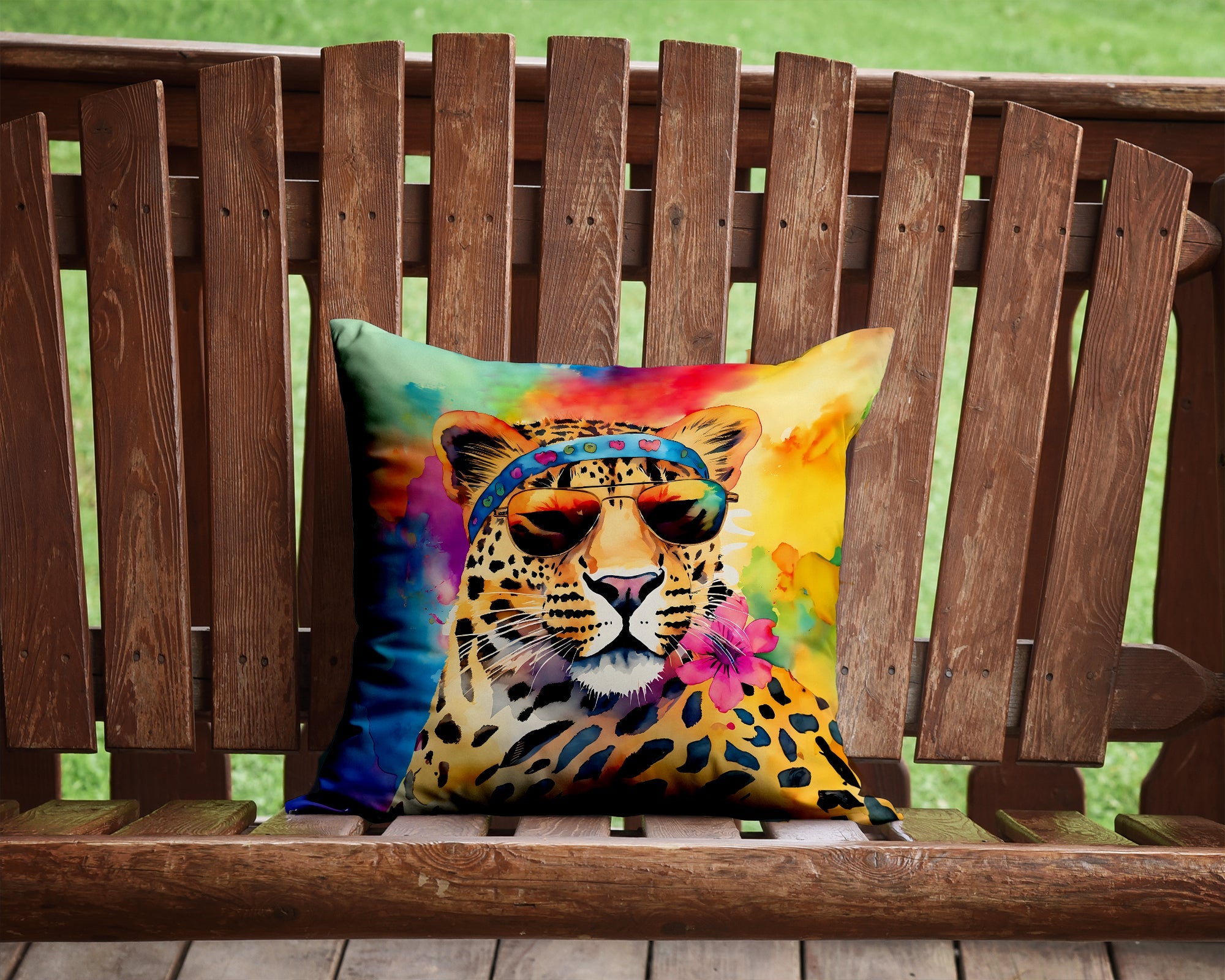 Hippie Animal Leopard Decorative Throw Pillow 14x14 Indoor Outdoor Accent Cushion, Fabric Cover with Insert for Sofa, Bed, Porch & Living Room