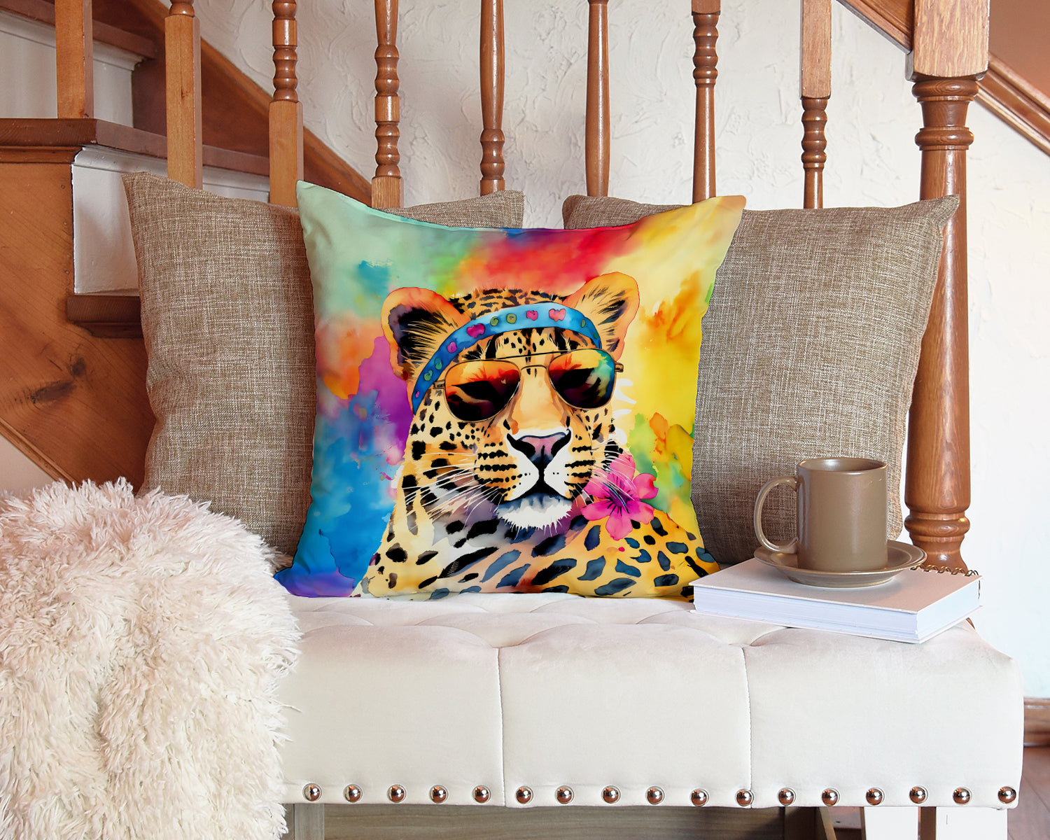 Hippie Animal Leopard Decorative Throw Pillow 14x14 Indoor Outdoor Accent Cushion, Fabric Cover with Insert for Sofa, Bed, Porch & Living Room
