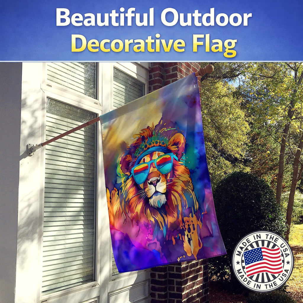 Hippie Animal Lion House Flag 28x40 Porch Sleeve Pole Decorative Outside Yard Banner Artwork Wall Hanging, Polyester