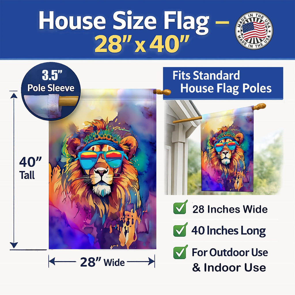 Hippie Animal Lion House Flag 28x40 Porch Sleeve Pole Decorative Outside Yard Banner Artwork Wall Hanging, Polyester