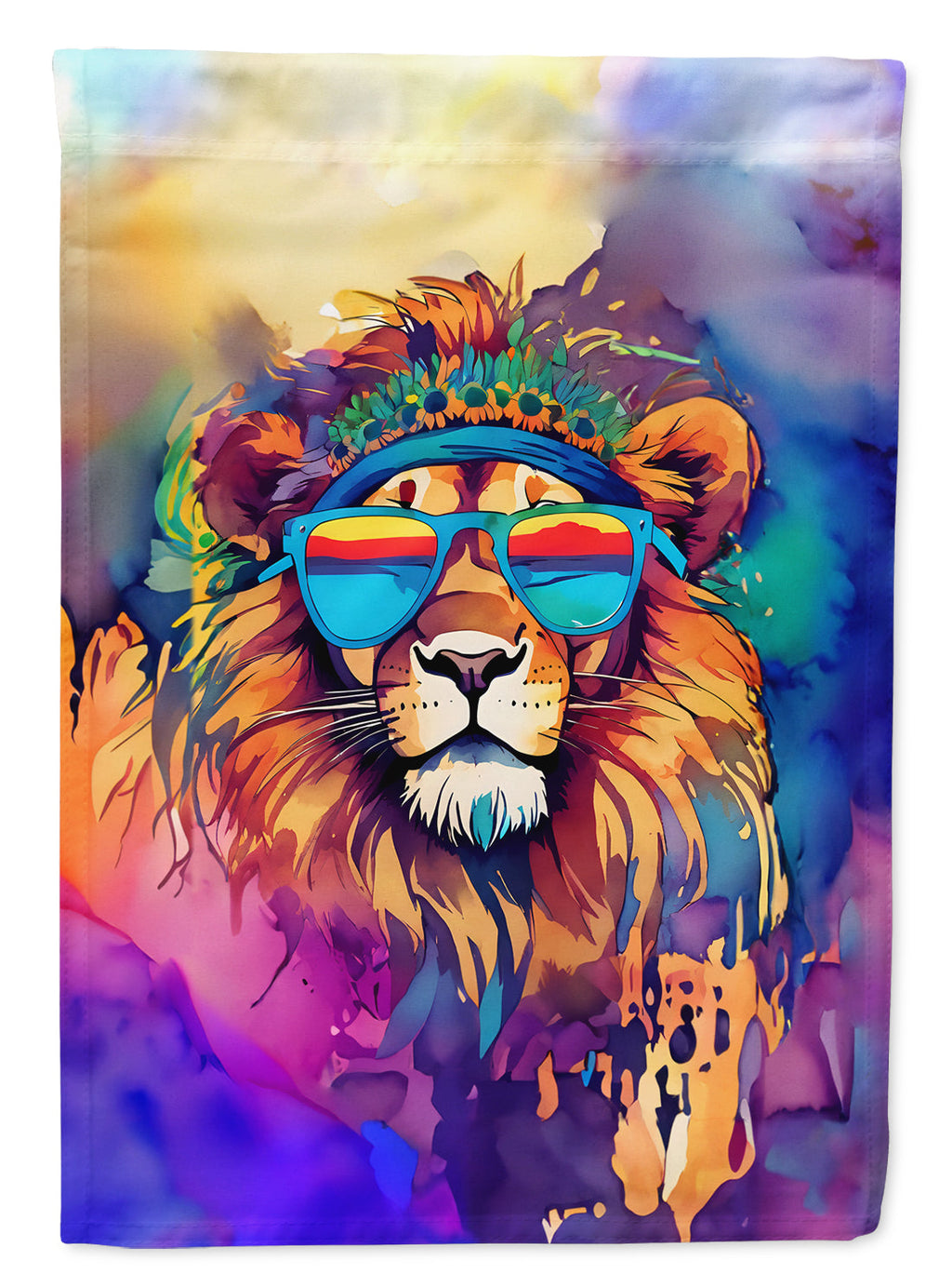 Hippie Animal Lion House Flag 28x40 Porch Sleeve Pole Decorative Outside Yard Banner Artwork Wall Hanging, Polyester