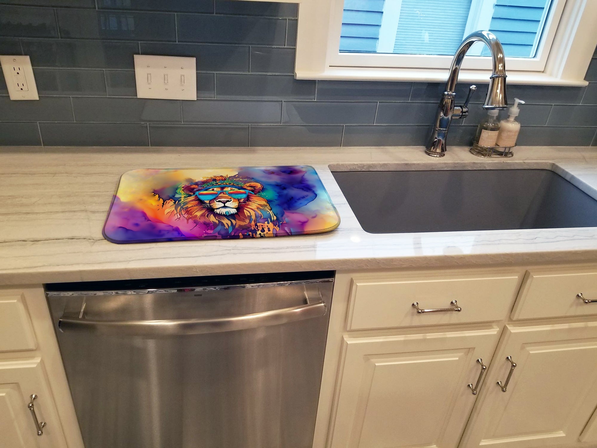 Hippie Animal Lion Dish Drying Mat Absorbent Dish Drying Mat Pad for Kitchen Counter Dish Drainer Mat for Countertop, 14 x 21", Multicolor