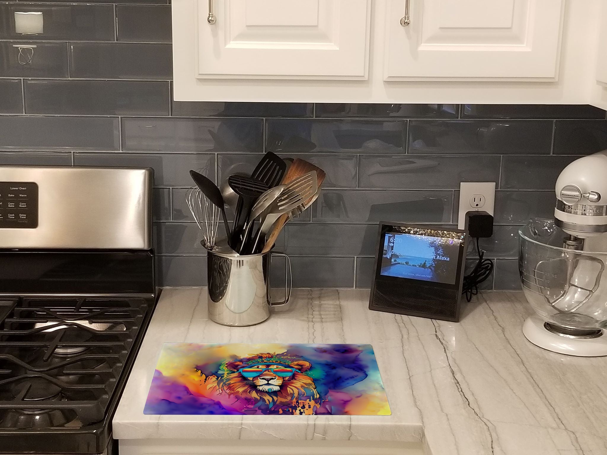 Hippie Animal Lion Cutting Board Tempered Glass Kitchen Cutting Surface, Heat Resistant Chopping, Non-Slip Feet, Food Prep & Serving