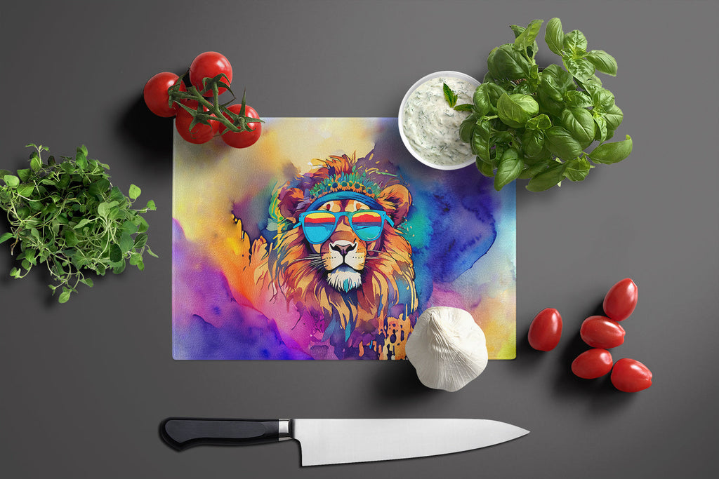 Hippie Animal Lion Cutting Board Tempered Glass Kitchen Cutting Surface, Heat Resistant Chopping, Non-Slip Feet, Food Prep & Serving