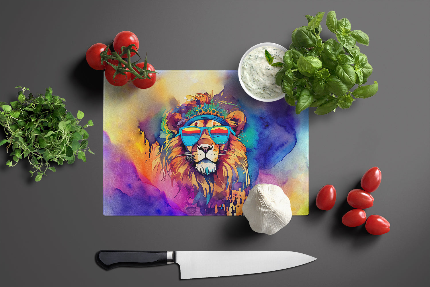 Hippie Animal Lion Cutting Board Tempered Glass Kitchen Cutting Surface, Heat Resistant Chopping, Non-Slip Feet, Food Prep & Serving
