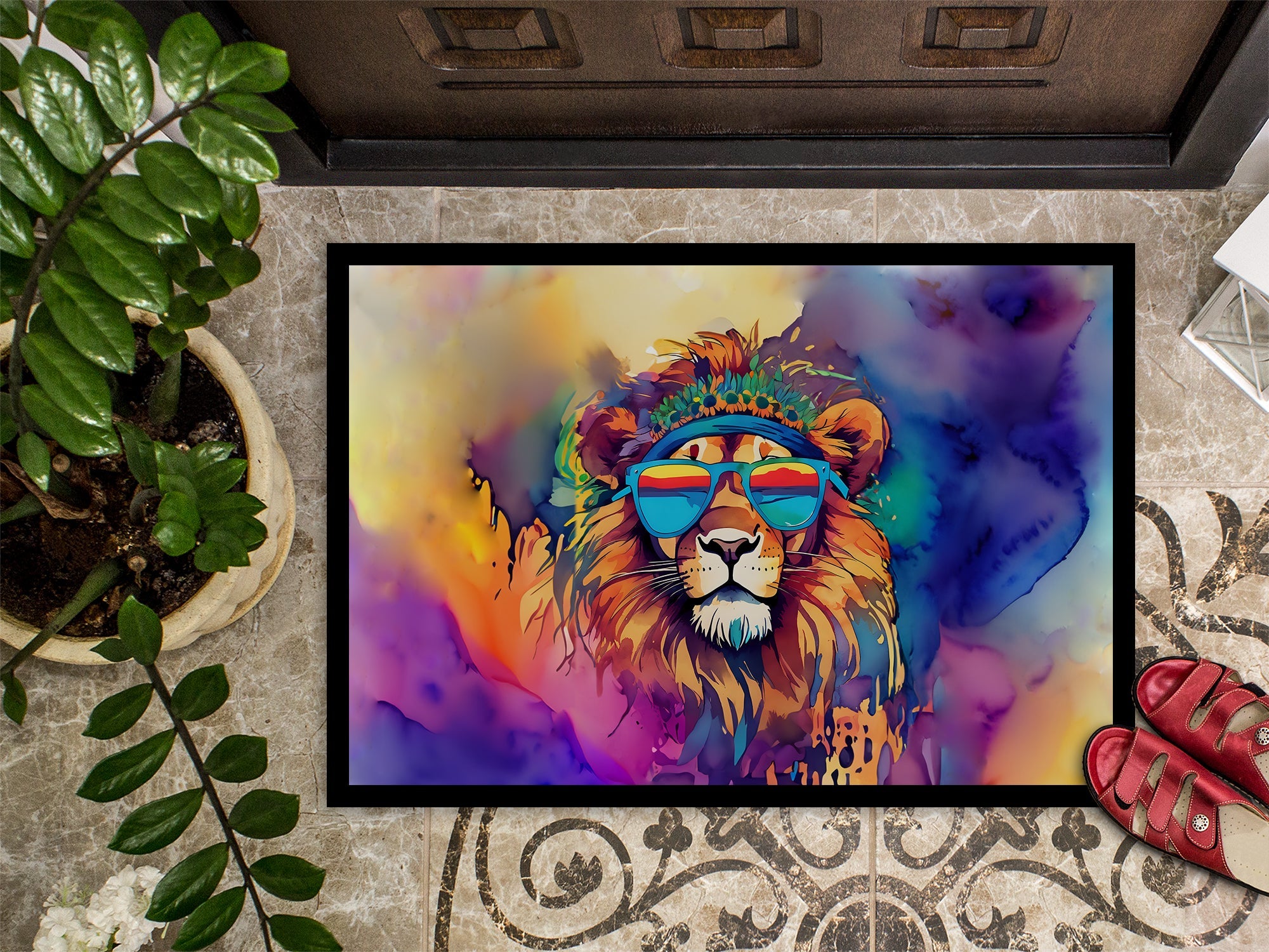 Hippie Animal Lion Doormat Indoor Outdoor 18H X 27W Front Door Mat Rugs for Entryway, Non Slip Washable
