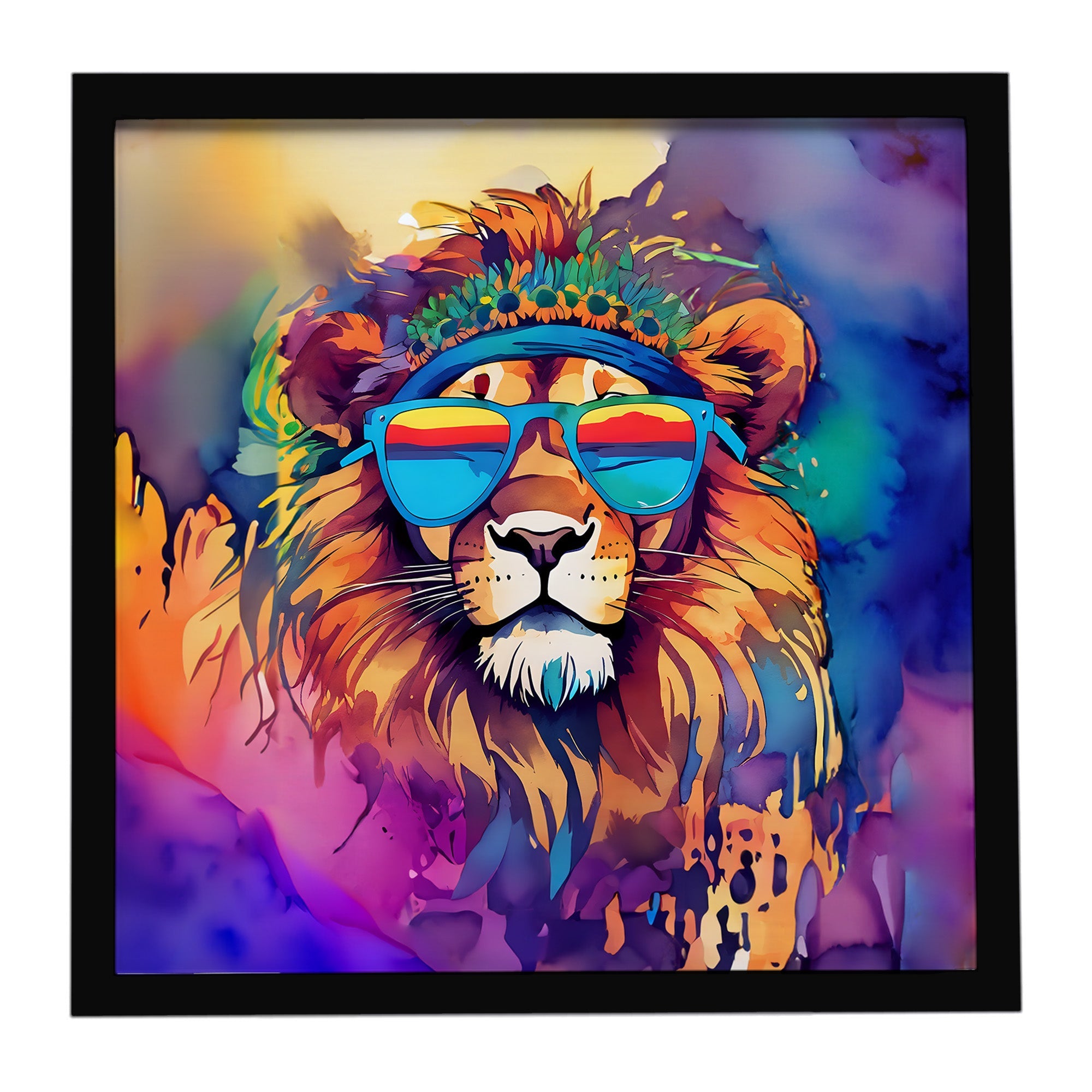 Hippie Animal Lion Framed Metal Print Bathroom, Kitchen, Office, Home Decor Wall Art Ready to Hang, Square, 8X8