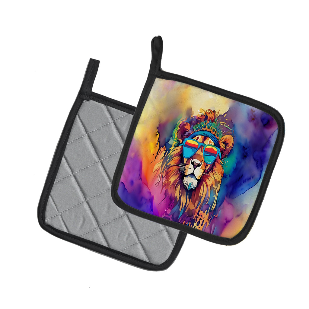 Hippie Animal Lion Pot Holder Set of 2 Heat Resistant Quilted Hot Pads 7.5 x 7.5 Inch, Insulated Kitchen Trivets for Cooking & Baking
