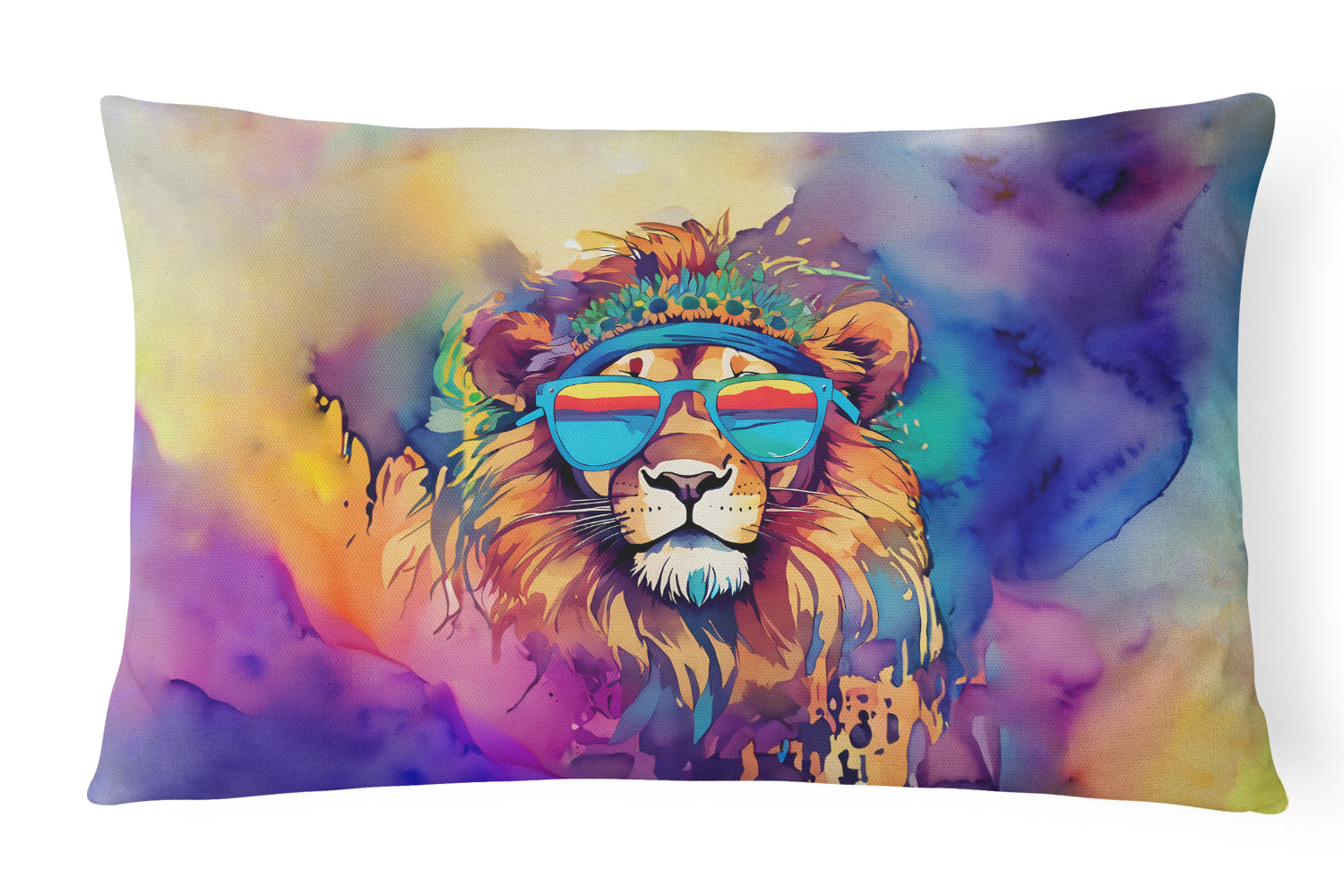 Hippie Animal Lion Decorative Throw Pillow 12x16 Indoor Outdoor Accent Cushion, Fabric Cover with Insert for Sofa, Bed, Porch & Living Room