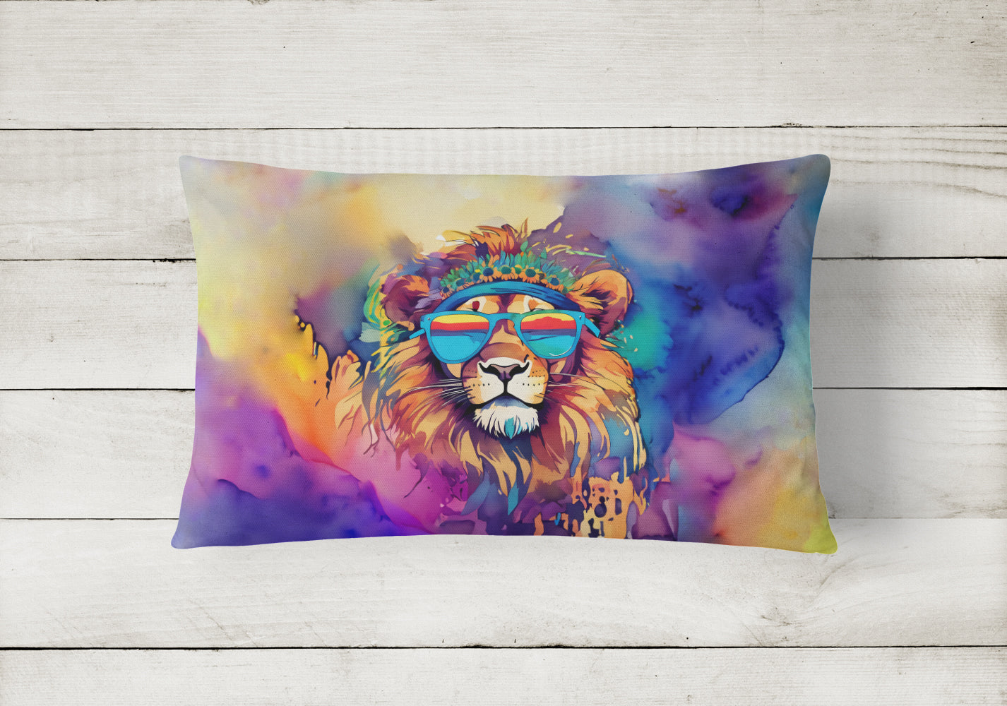 Hippie Animal Lion Decorative Throw Pillow 12x16 Indoor Outdoor Accent Cushion, Fabric Cover with Insert for Sofa, Bed, Porch & Living Room