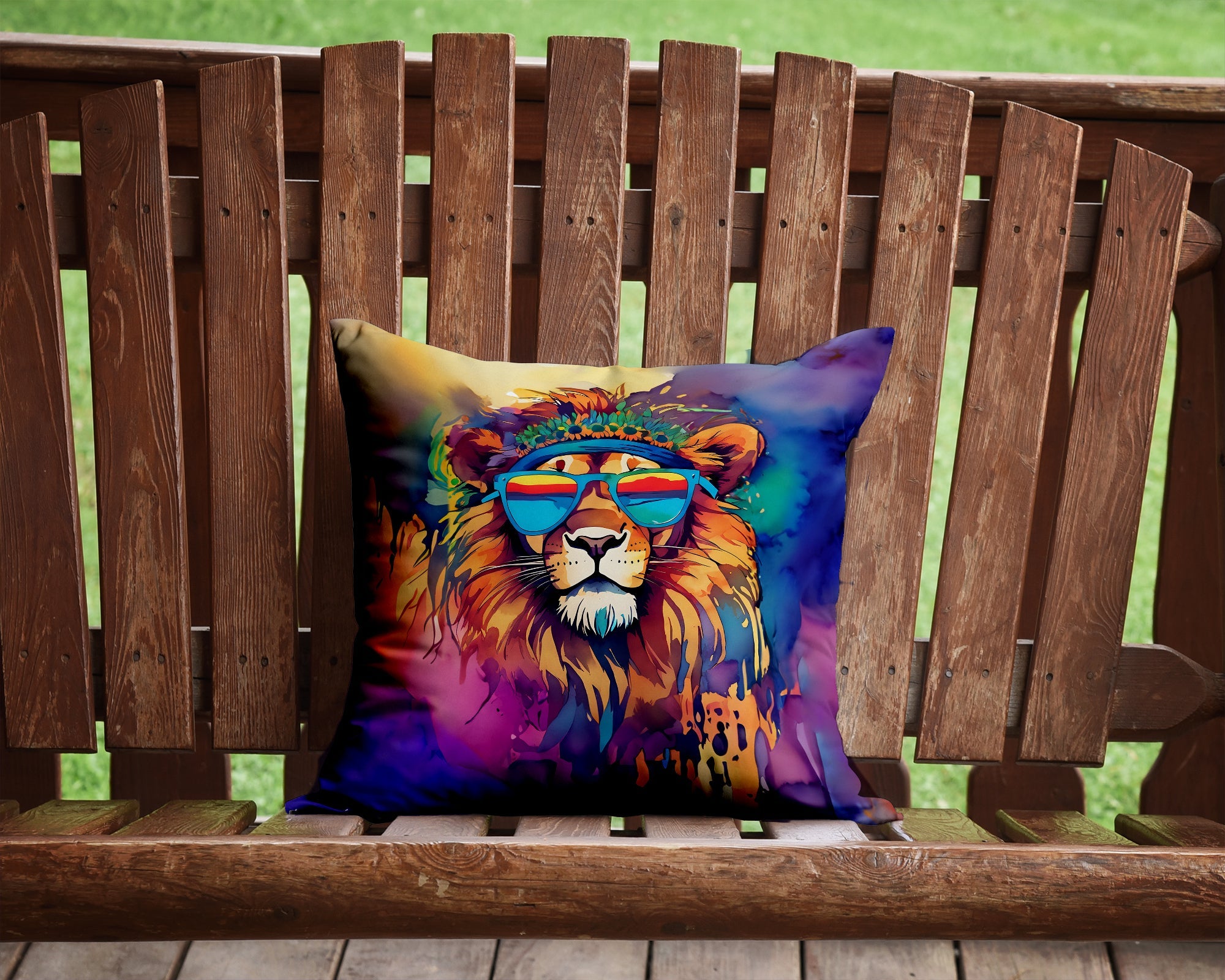 Hippie Animal Lion Decorative Throw Pillow 14x14 Indoor Outdoor Accent Cushion, Fabric Cover with Insert for Sofa, Bed, Porch & Living Room