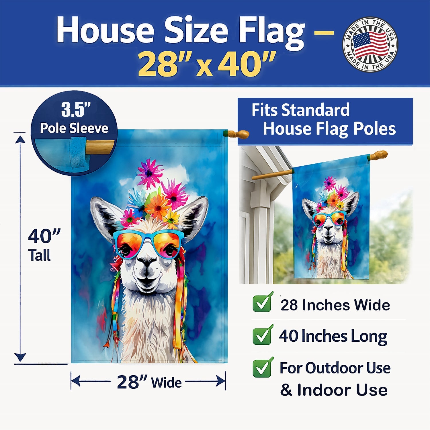 Hippie Animal Llama House Flag 28x40 Porch Sleeve Pole Decorative Outside Yard Banner Artwork Wall Hanging, Polyester
