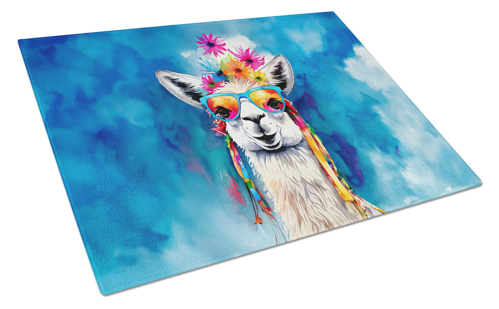 Hippie Animal Llama Cutting Board Tempered Glass Kitchen Cutting Surface, Heat Resistant Chopping, Non-Slip Feet, Food Prep & Serving