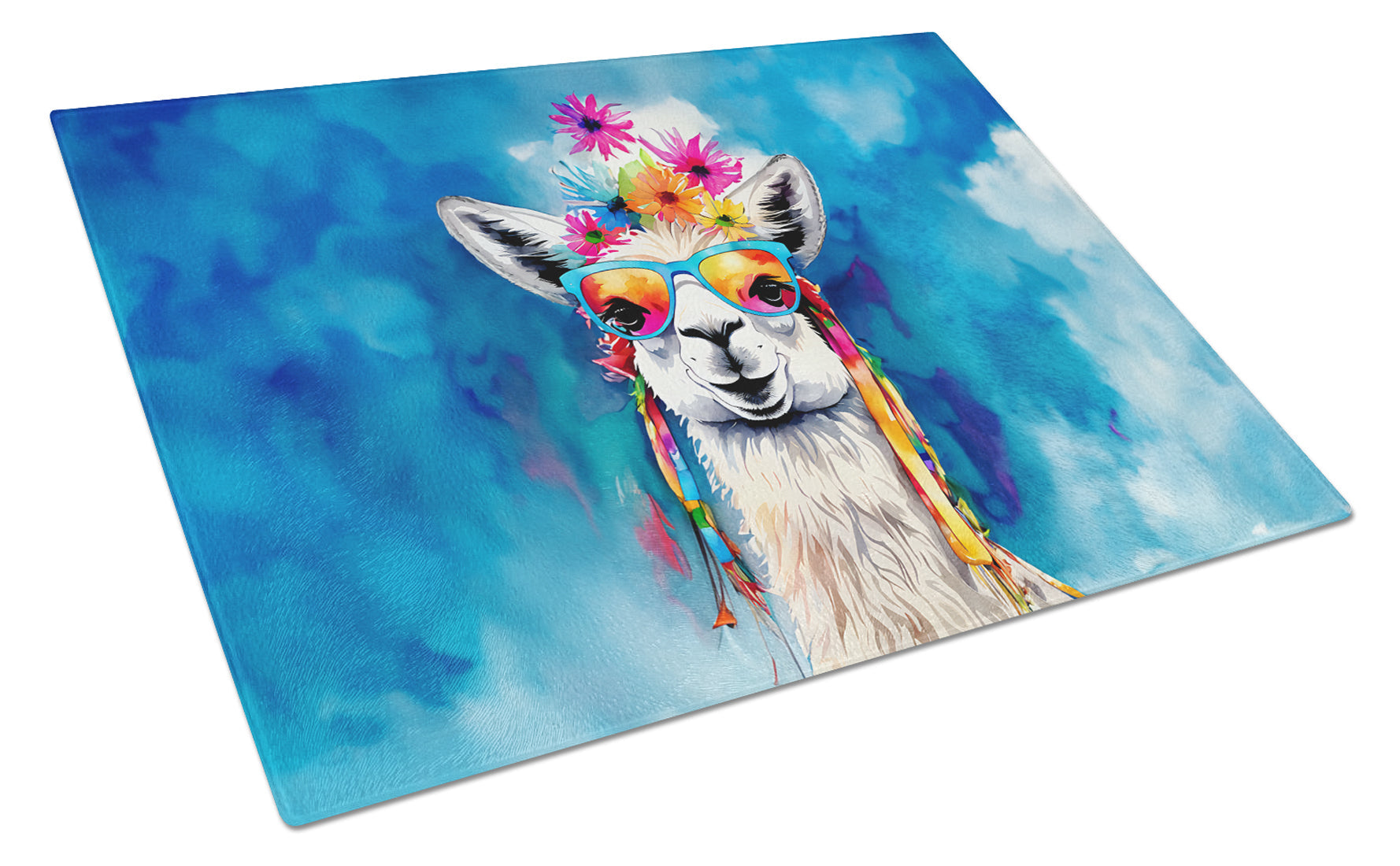 Hippie Animal Llama Cutting Board Tempered Glass Kitchen Cutting Surface, Heat Resistant Chopping, Non-Slip Feet, Food Prep & Serving