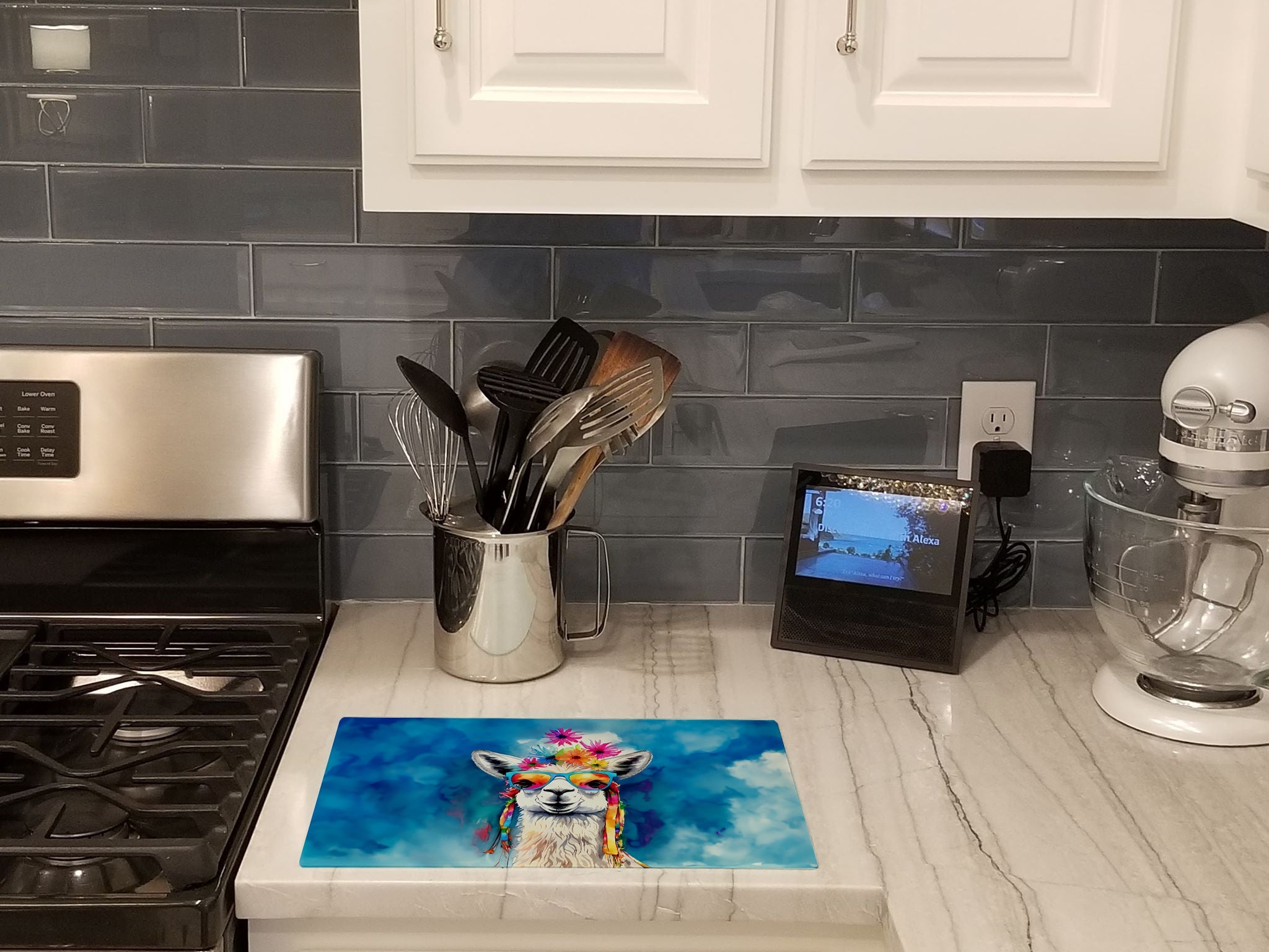 Hippie Animal Llama Cutting Board Tempered Glass Kitchen Cutting Surface, Heat Resistant Chopping, Non-Slip Feet, Food Prep & Serving